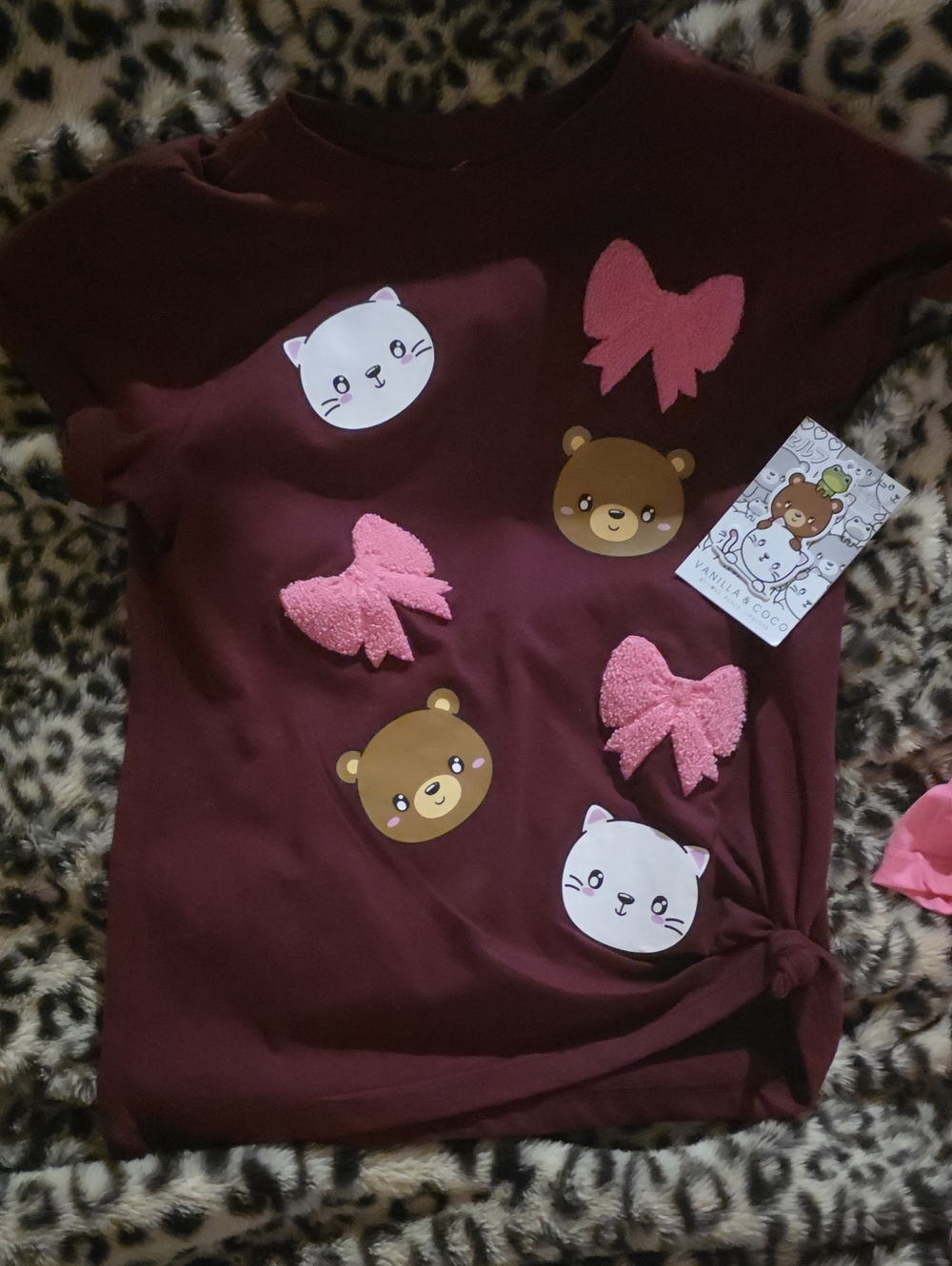 Vanilla And Coco Girls' Burgundy Bow & Bear Graphic Tee